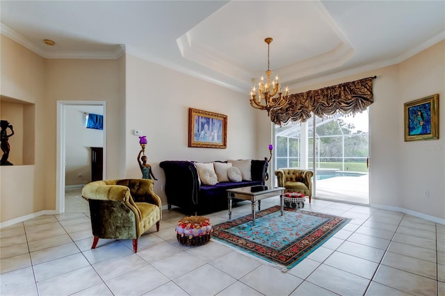 living room with light tile patterned flooring, crown molding, and a tray ceiling