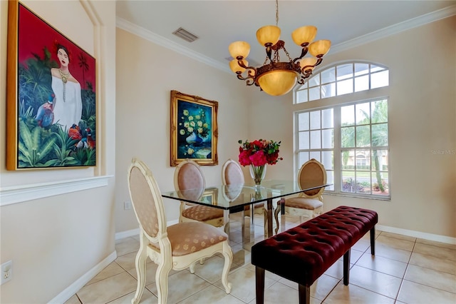 dining room featuring ornamental molding, light tile patterned floors, and a notable chandelier