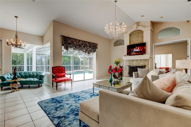 tiled living room with high vaulted ceiling