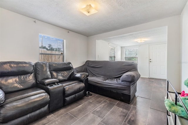 living room with a textured ceiling and a healthy amount of sunlight