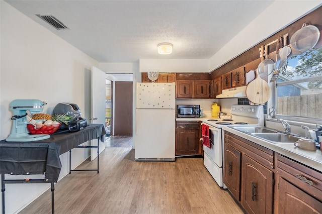 kitchen with sink, white appliances, light hardwood / wood-style floors, and a textured ceiling