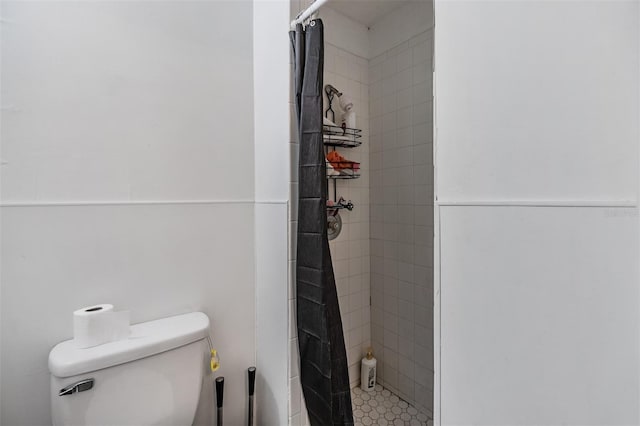 bathroom with toilet and a shower with shower curtain