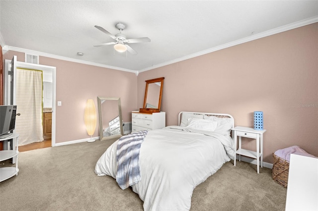 bedroom with ceiling fan, light colored carpet, and crown molding