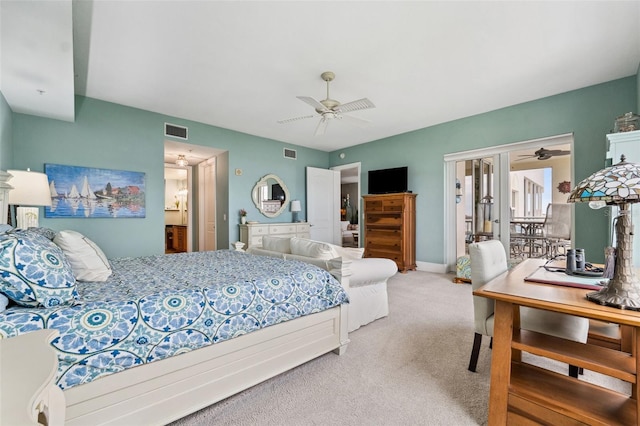 bedroom with light carpet, baseboards, visible vents, and a ceiling fan