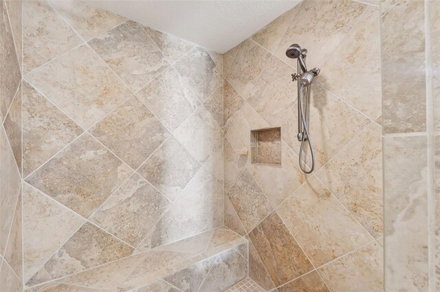 interior details featuring a tile shower