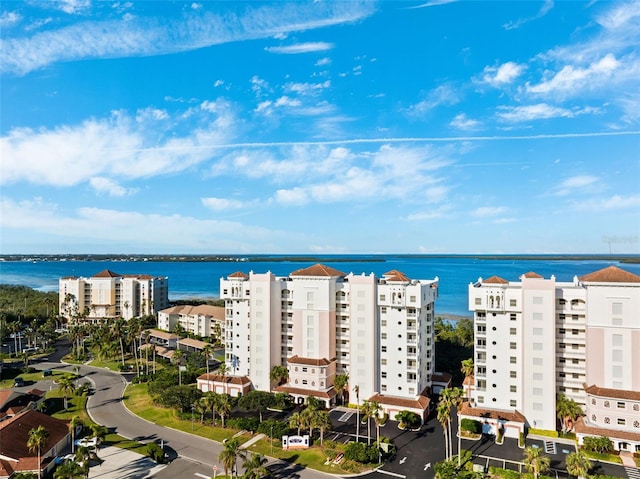 bird's eye view with a water view