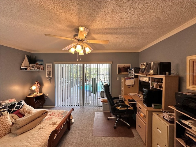 bedroom with a textured ceiling, access to outside, ceiling fan, and ornamental molding