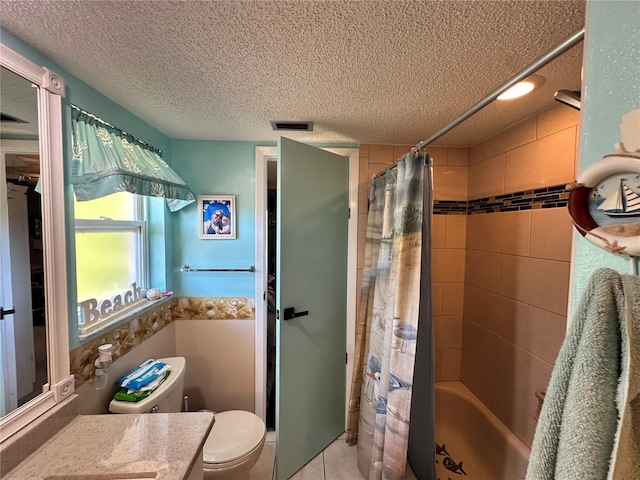 full bathroom with vanity, a textured ceiling, shower / tub combo with curtain, and toilet