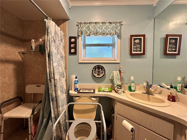 bathroom featuring vanity, toilet, and curtained shower