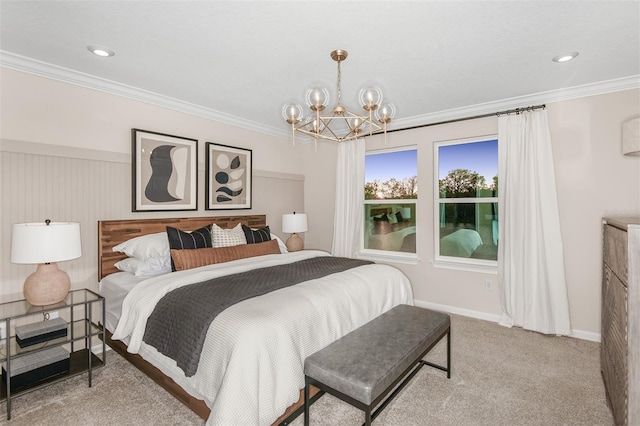 bedroom featuring light colored carpet, ornamental molding, and a chandelier