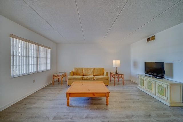 living room with a textured ceiling and light hardwood / wood-style floors