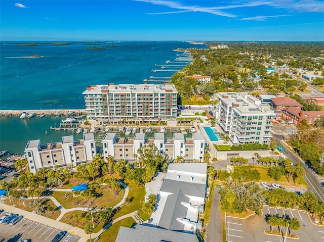 drone / aerial view featuring a water view