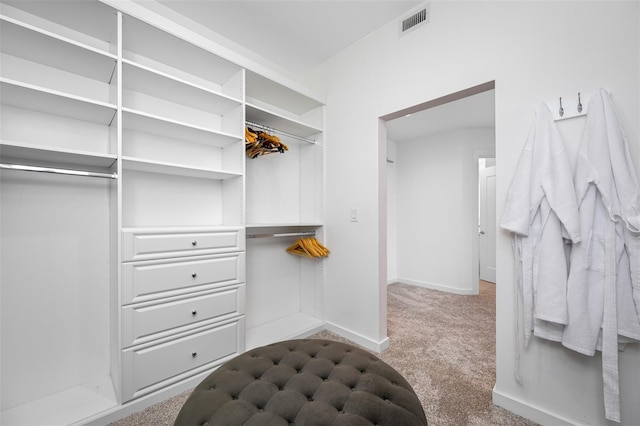 walk in closet with light colored carpet