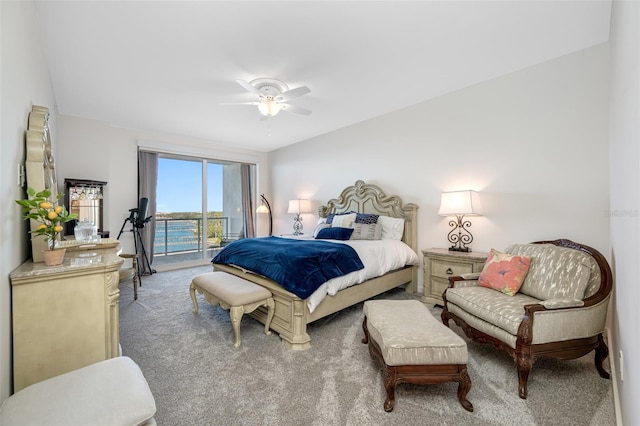 carpeted bedroom with ceiling fan and access to outside