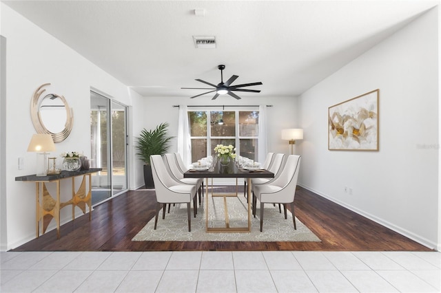 dining room with ceiling fan and wood-type flooring