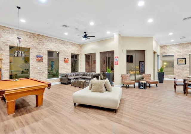 playroom with ceiling fan, crown molding, light hardwood / wood-style floors, and billiards