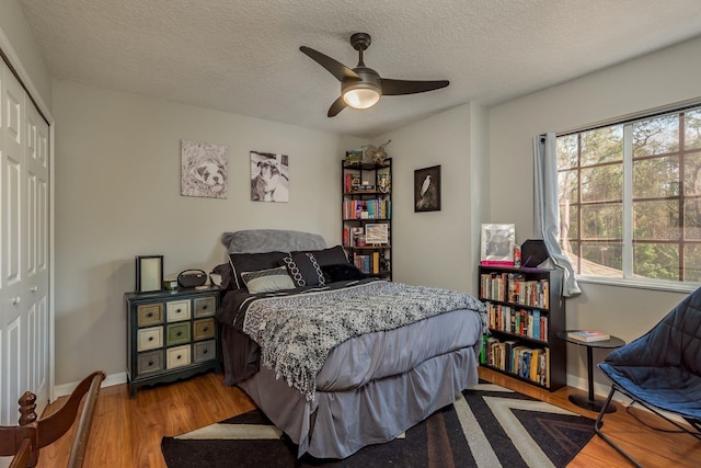 bedroom with ceiling fan, a closet, light hardwood / wood-style floors, and multiple windows