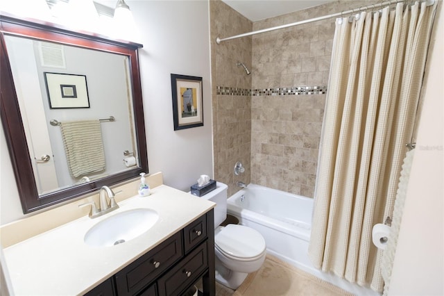 full bathroom featuring vanity, toilet, and shower / tub combo with curtain