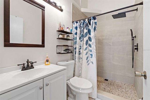 bathroom featuring toilet, a shower with shower curtain, and vanity