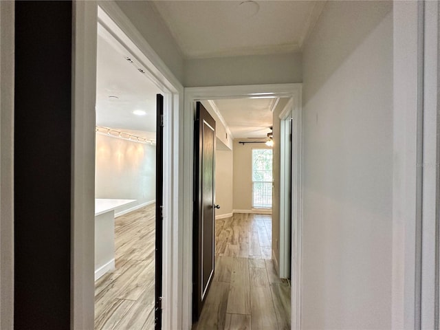 corridor featuring ornamental molding and light wood-type flooring