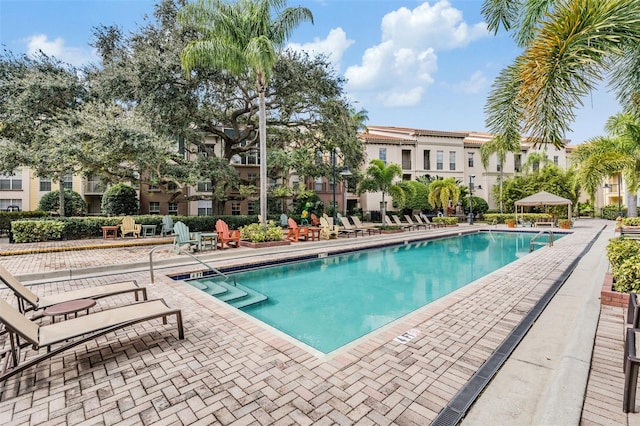 view of swimming pool with a patio area