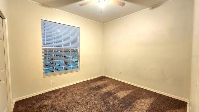 unfurnished room with ceiling fan, carpet floors, and ornamental molding