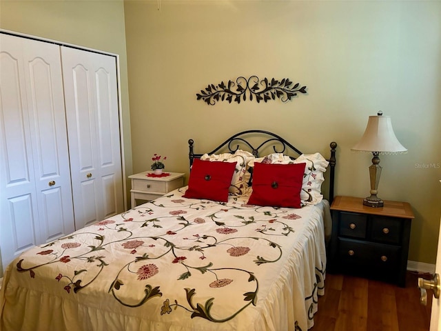 bedroom featuring dark wood-type flooring and a closet