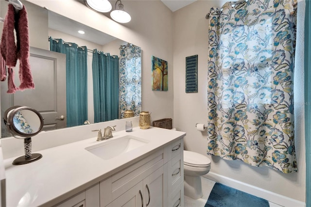 full bathroom with shower / tub combo, tile patterned floors, vanity, and toilet