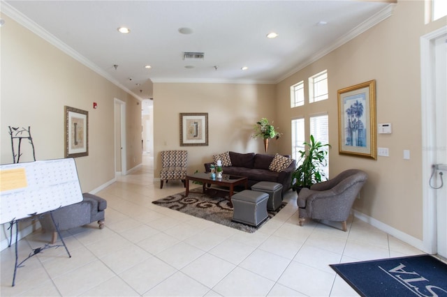 tiled living room with crown molding