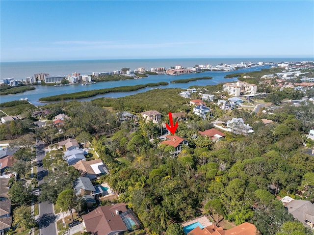 drone / aerial view featuring a water view