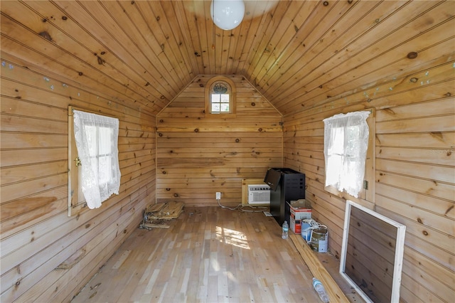 additional living space with wooden ceiling, plenty of natural light, and wooden walls