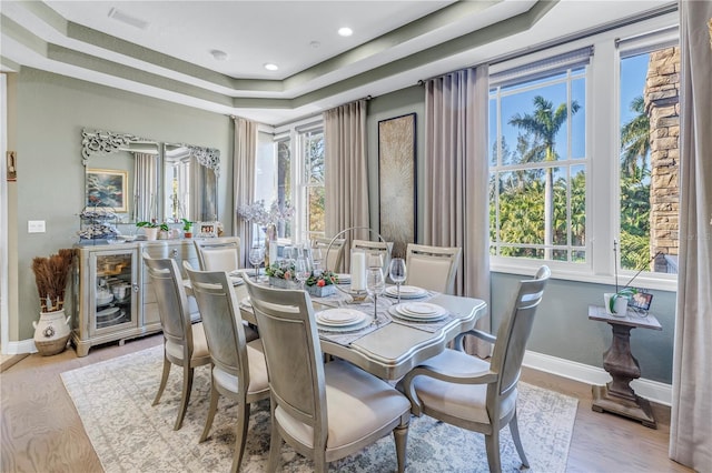 dining space with a tray ceiling, a wealth of natural light, and baseboards