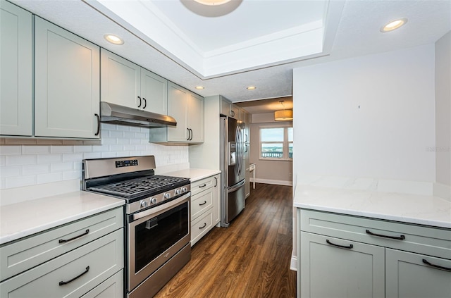 kitchen featuring tasteful backsplash, light stone counters, dark hardwood / wood-style flooring, and stainless steel appliances