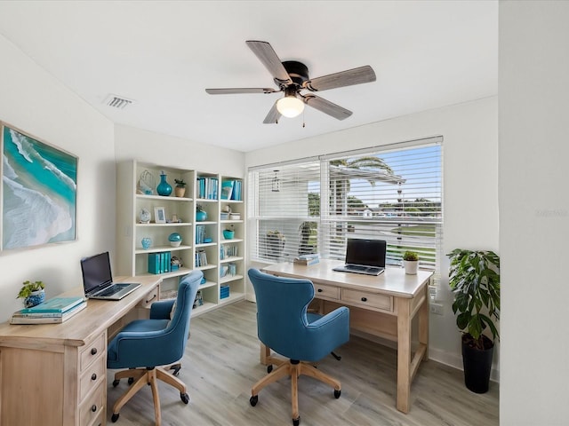 office space with ceiling fan and light hardwood / wood-style floors