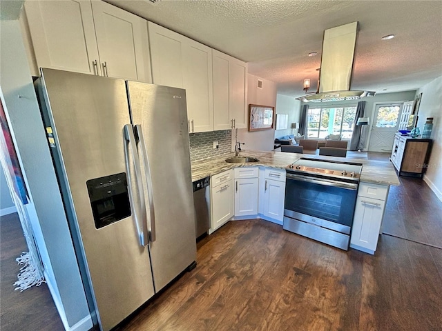 kitchen with white cabinetry, sink, stainless steel appliances, range hood, and kitchen peninsula