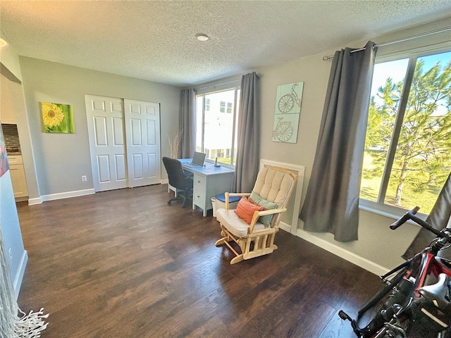 interior space featuring plenty of natural light, dark hardwood / wood-style floors, and a textured ceiling