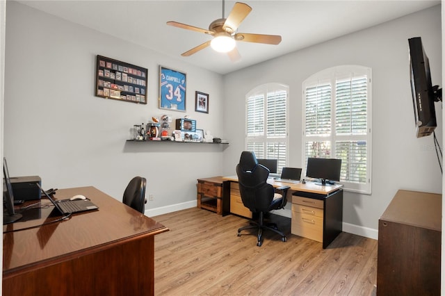 office area featuring ceiling fan and light hardwood / wood-style floors