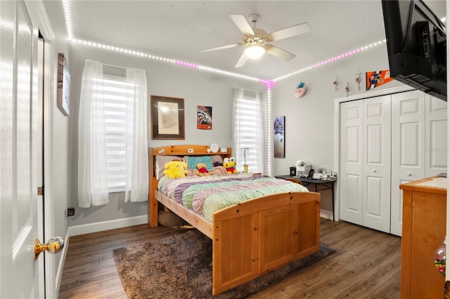 bedroom with ceiling fan, dark wood-type flooring, and a closet