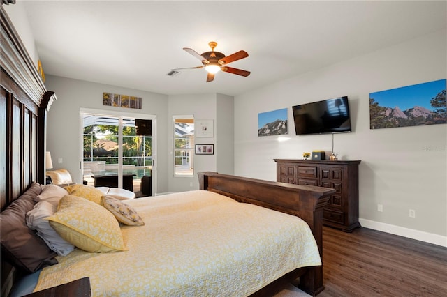 bedroom with dark wood-type flooring, ceiling fan, and access to outside