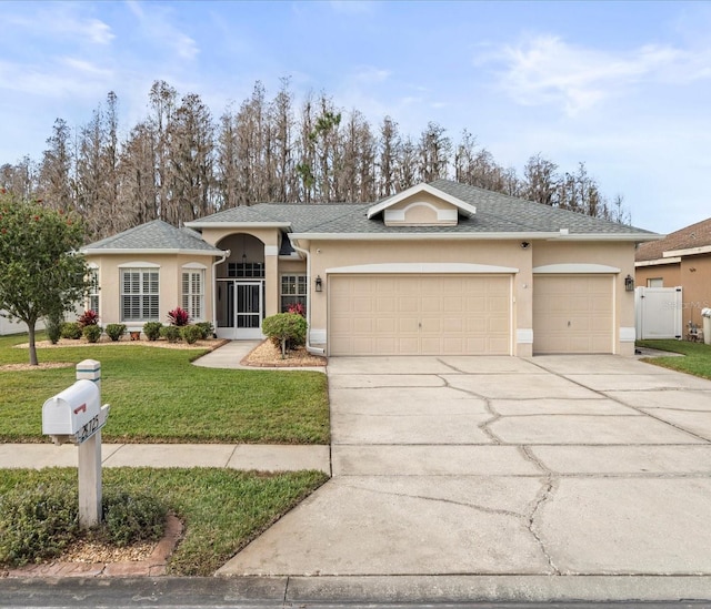 view of front of home with a garage and a front lawn