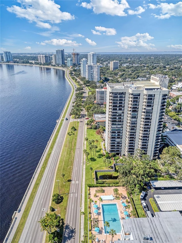 bird's eye view featuring a water view