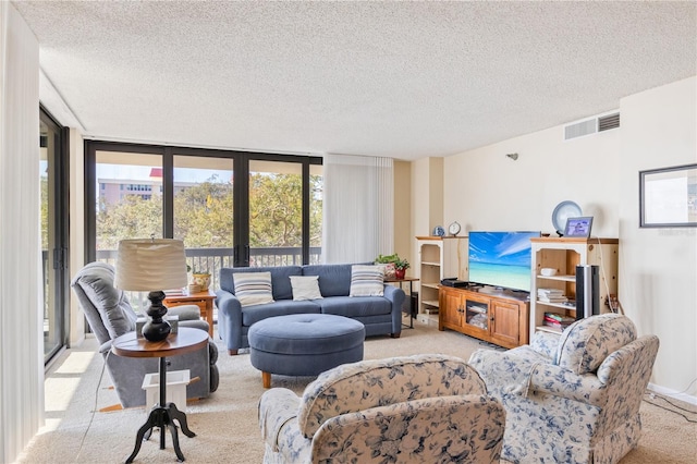 carpeted living room with a textured ceiling and a wall of windows