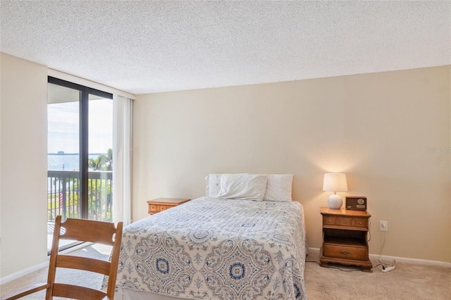 carpeted bedroom with a textured ceiling and a wall of windows