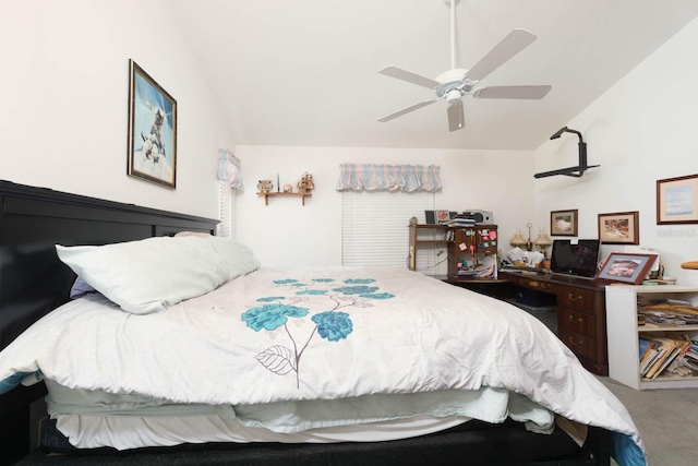 carpeted bedroom with lofted ceiling and ceiling fan