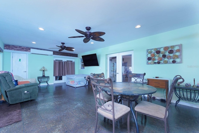 dining space with french doors and ceiling fan