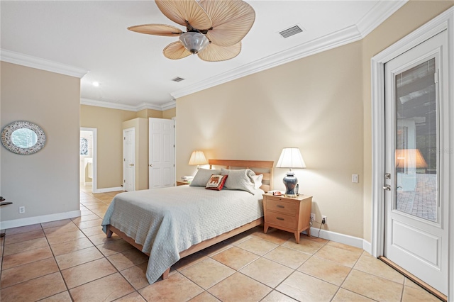 bedroom featuring visible vents, light tile patterned flooring, ornamental molding, and access to outside