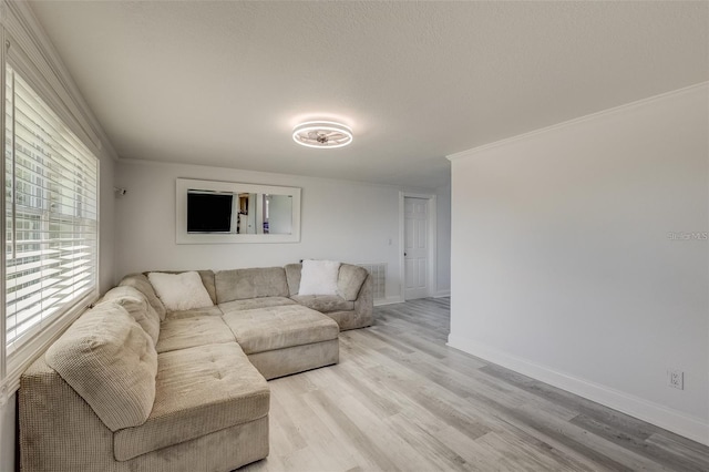 living room featuring light wood-type flooring and ornamental molding