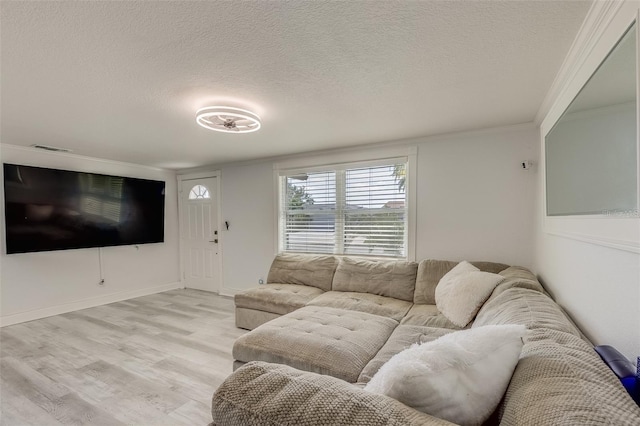 living room with light hardwood / wood-style floors, ornamental molding, and a textured ceiling