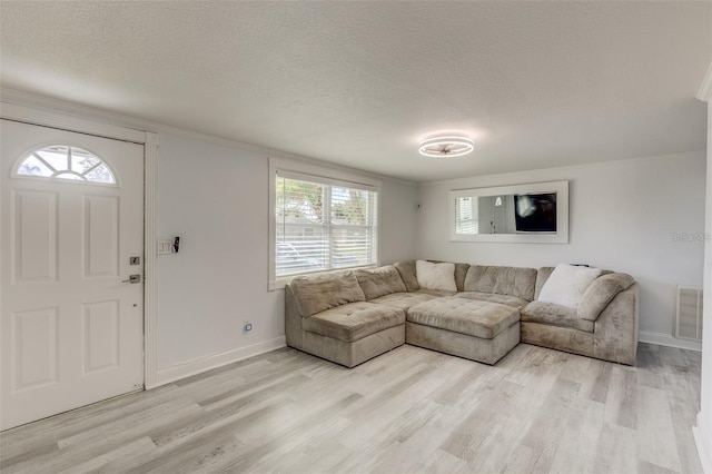 living room featuring a textured ceiling and light hardwood / wood-style flooring