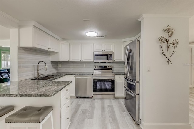 kitchen featuring white cabinetry, sink, kitchen peninsula, a breakfast bar, and appliances with stainless steel finishes